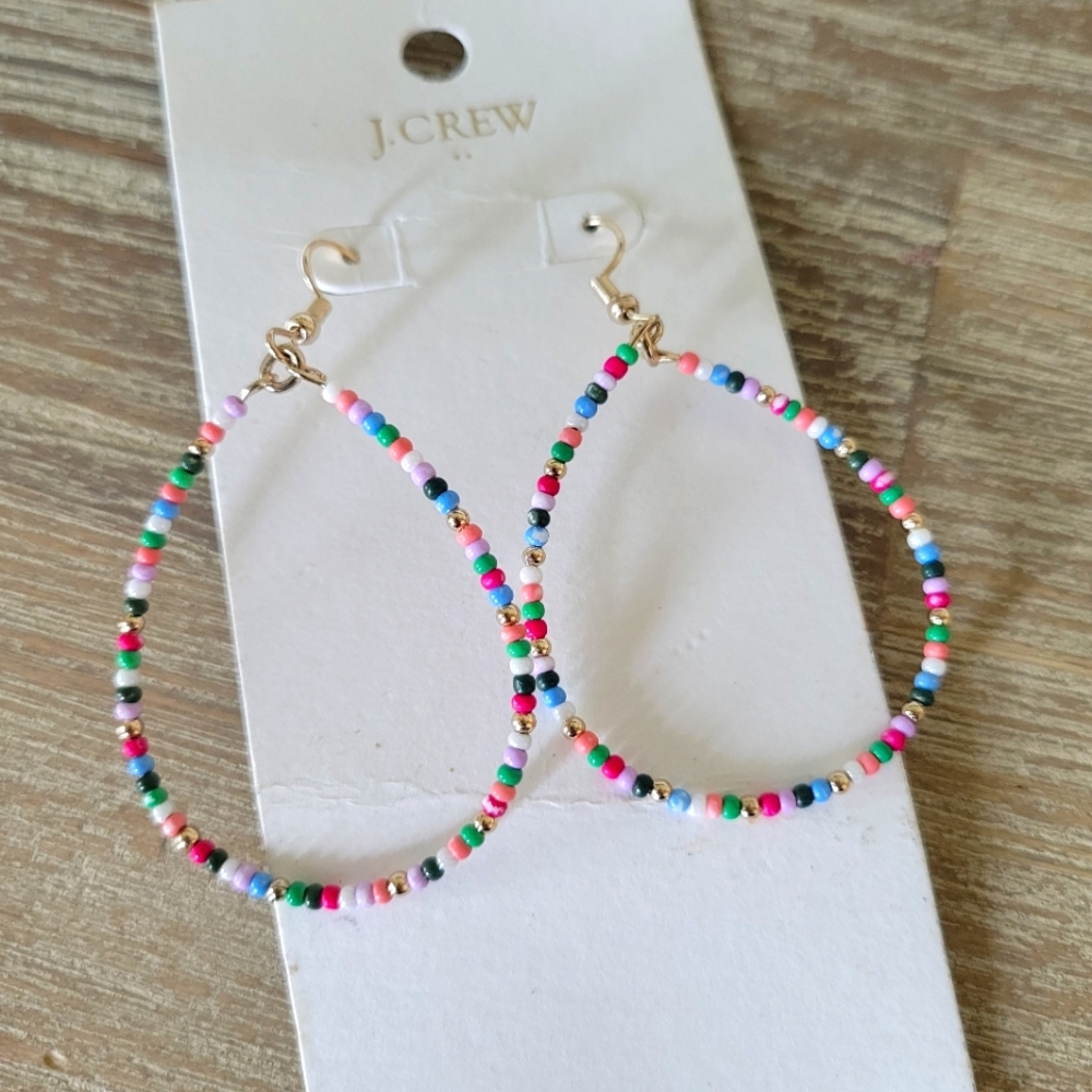 J.Crew Rainbow Beaded Earrings Teardrop Shape Hoops with Hooks